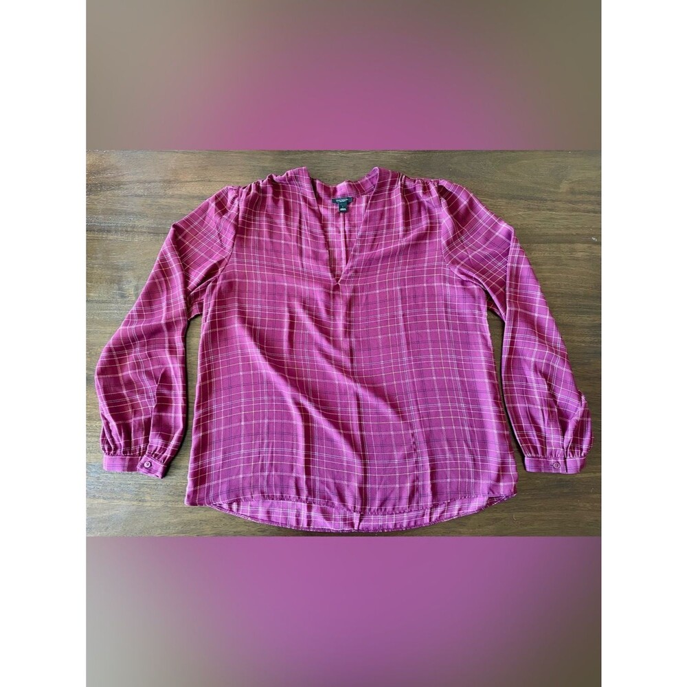 Ann Taylor Factory Burgundy Plaid V-Neck Blouse- Size Large